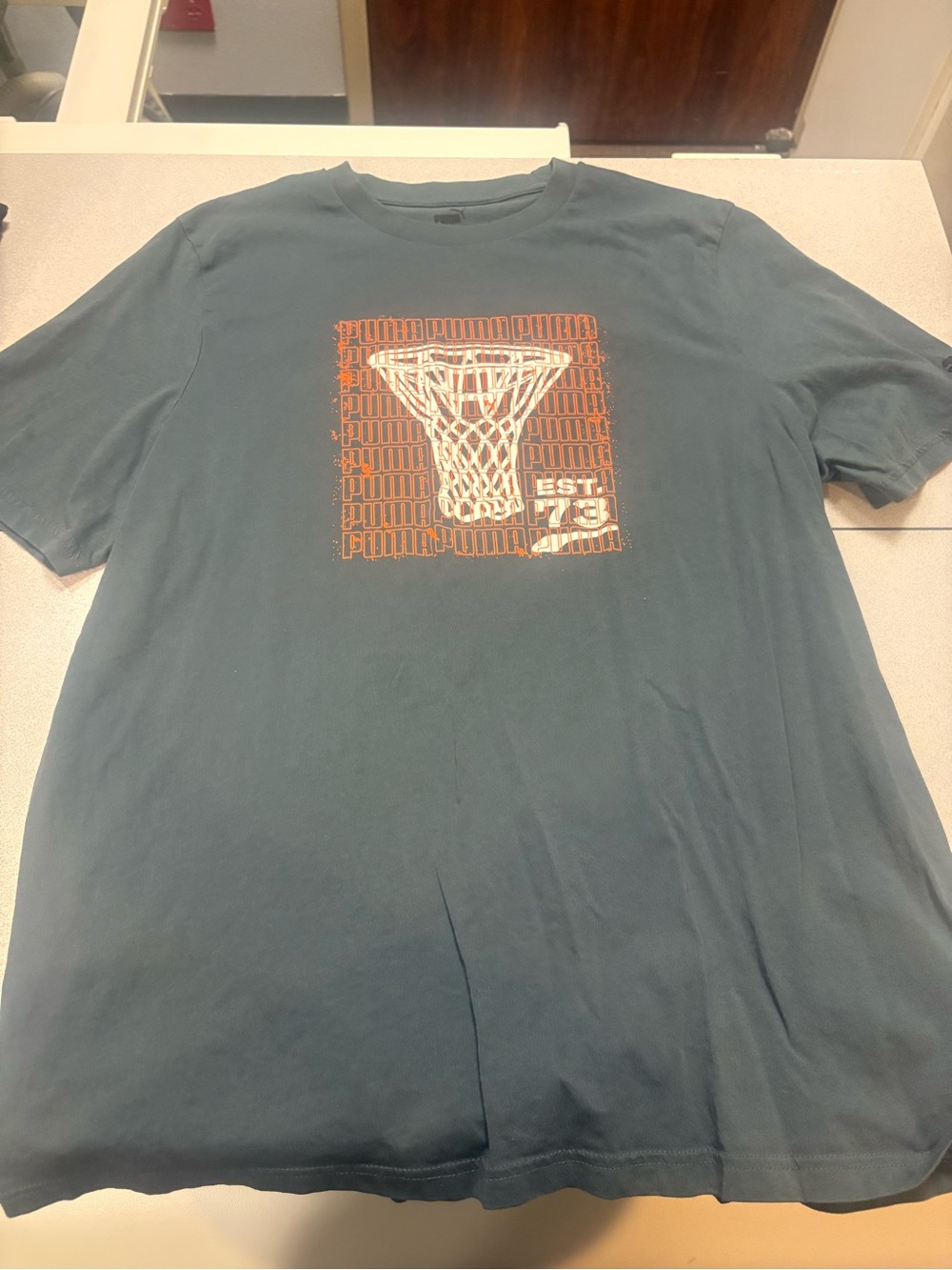 Puma Men's Teal Short Sleeve Tee with Orange and White Basketball Graphic